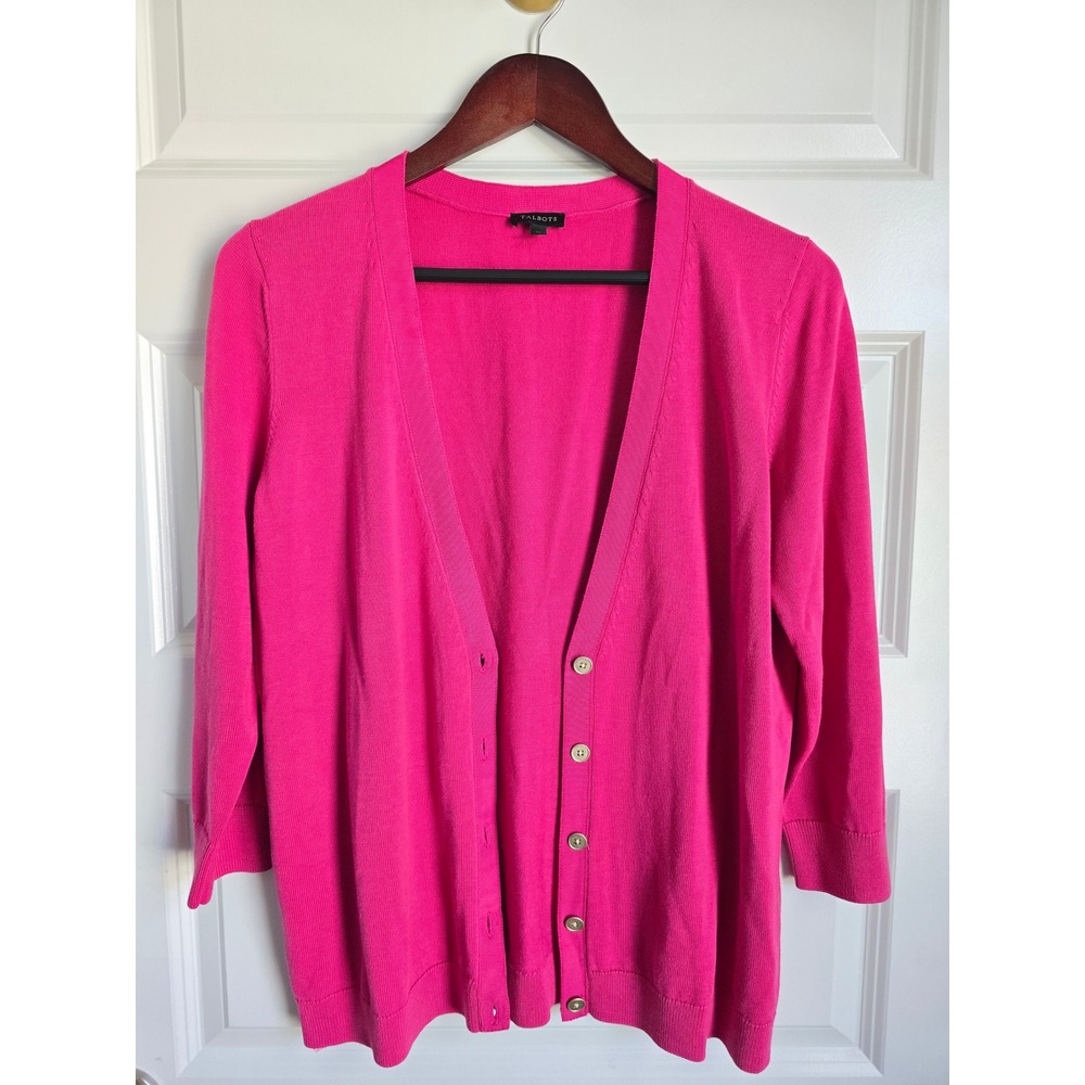 Talbots Hot Pink V-Neck Button Front Cardigan Sweater Womens Medium 3/4 Sleeve